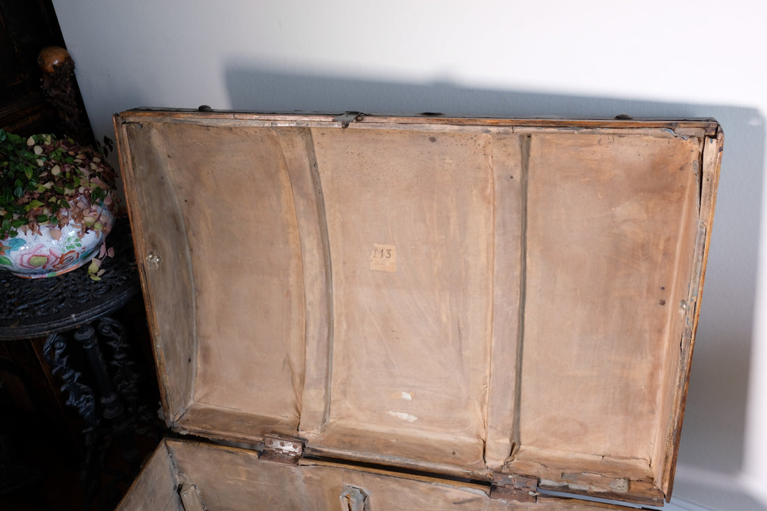 antique rustic pine domed trunk with iron straps circa 1880