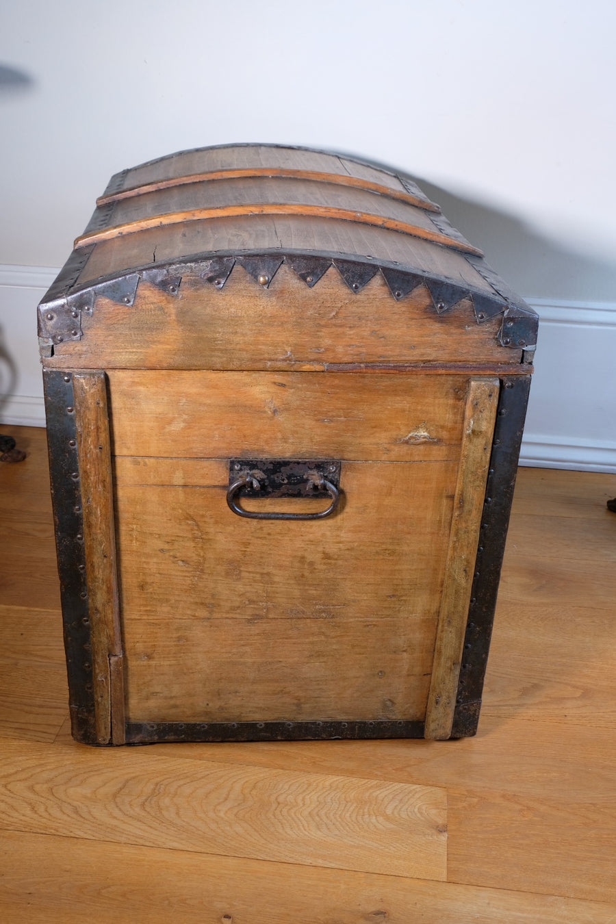 antique rustic pine domed trunk with iron straps circa 1880