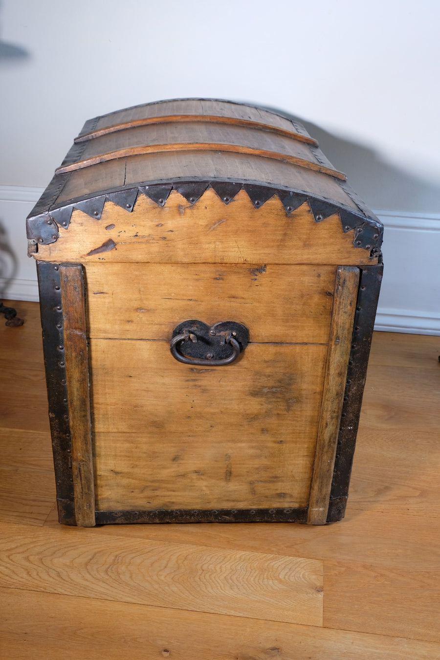 antique rustic pine domed trunk with iron straps circa 1880