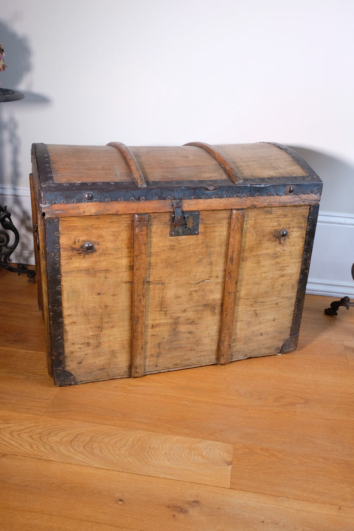 antique rustic pine domed trunk with iron straps circa 1880