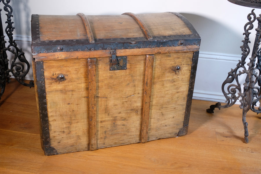 antique rustic pine domed trunk with iron straps circa 1880
