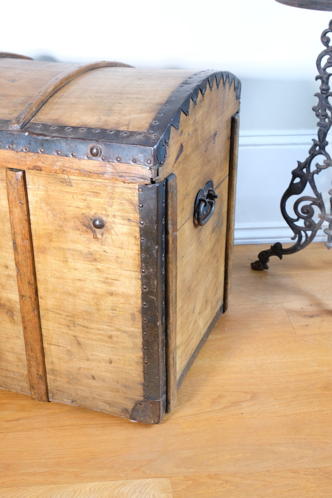 antique rustic pine domed trunk with iron straps circa 1880