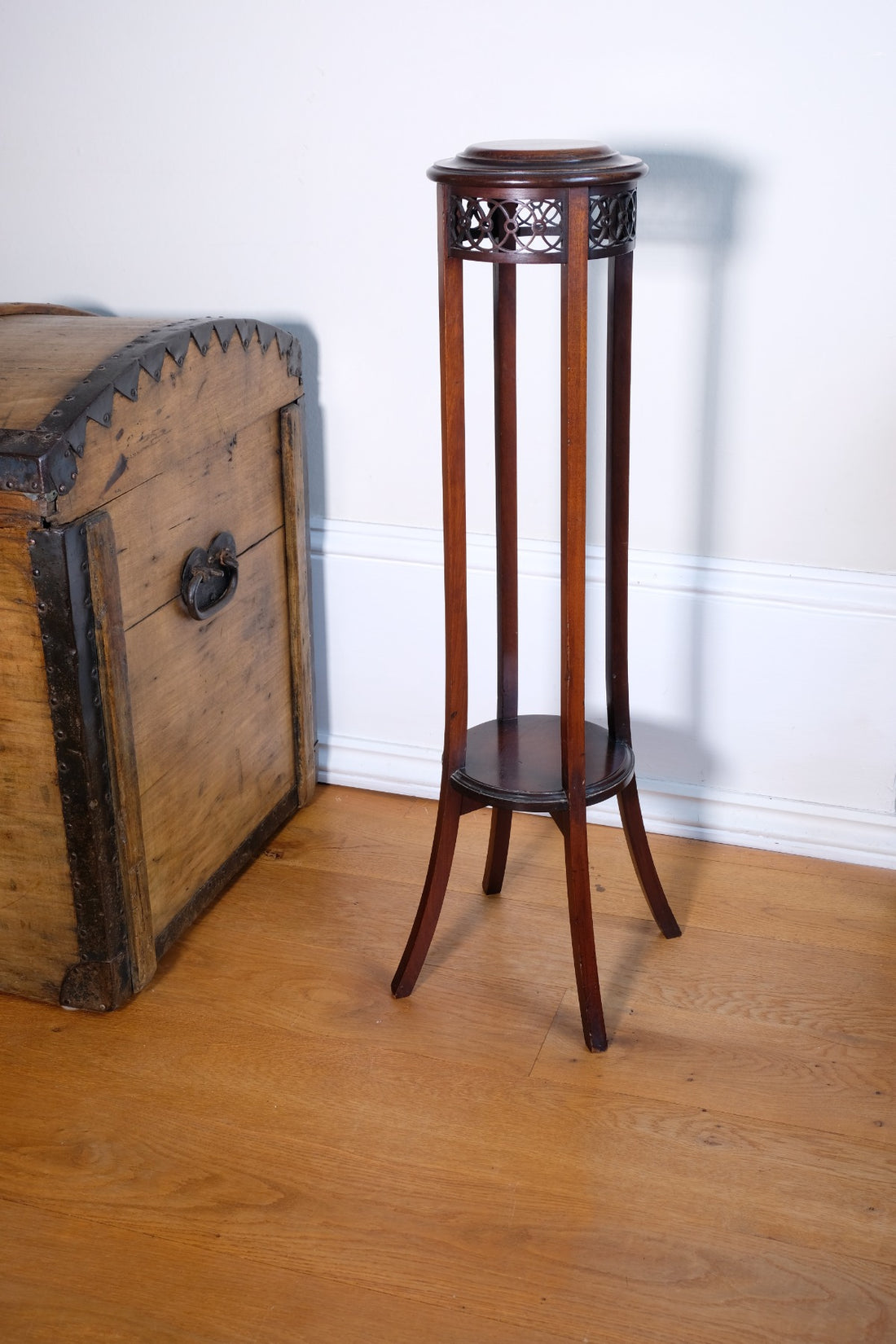 Antique mahogany torchiere plant stand with pierced gallery
