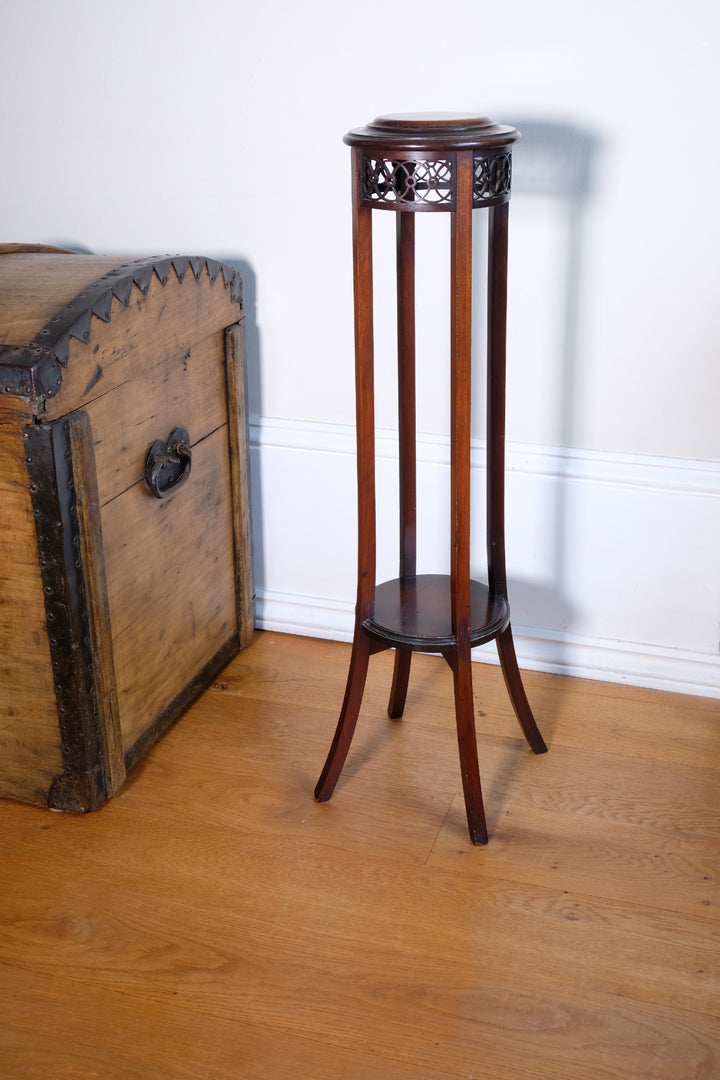 Antique mahogany torchiere plant stand with pierced gallery