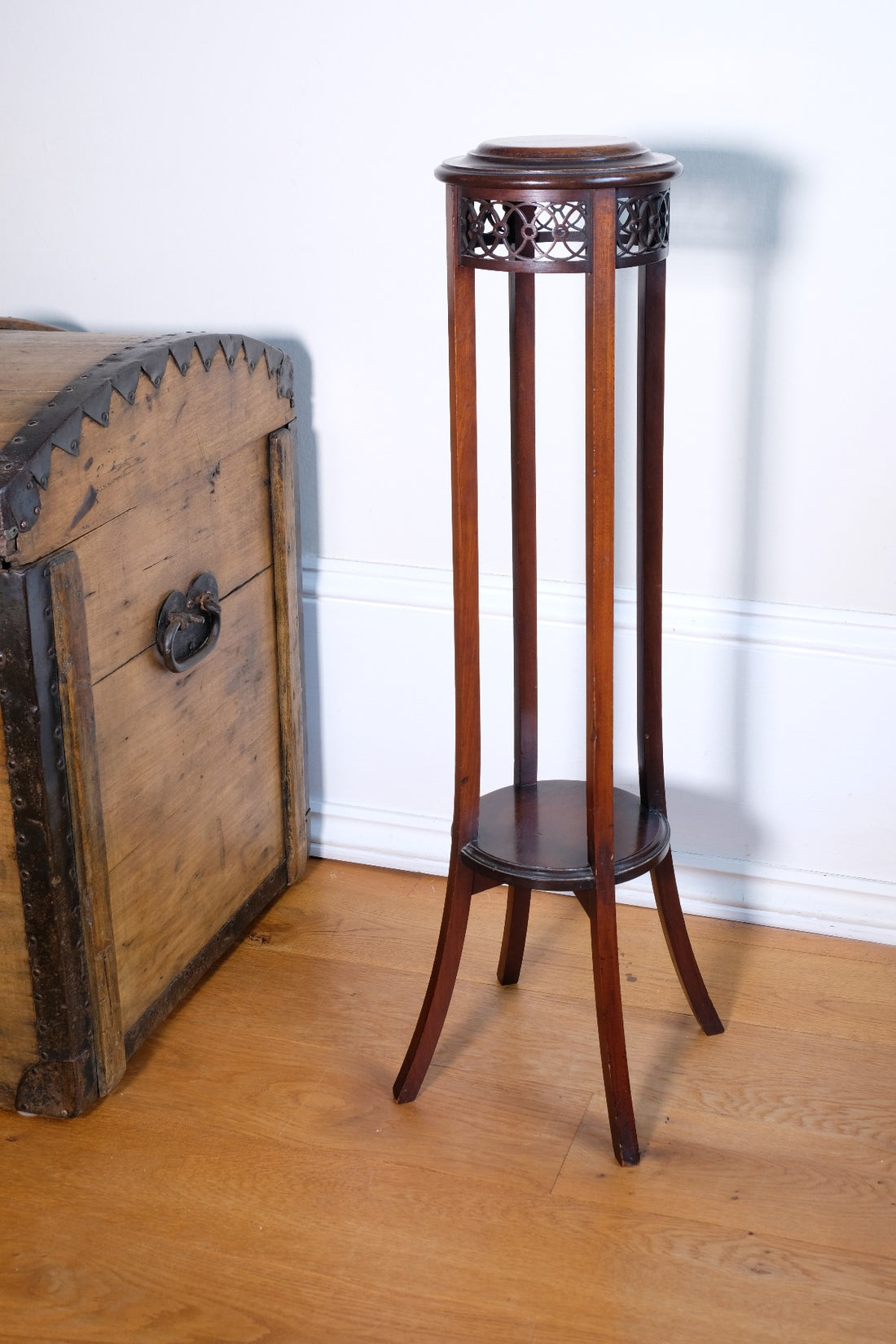 Antique Mahogany Torchère or Plant Stand with Pierced Gallery