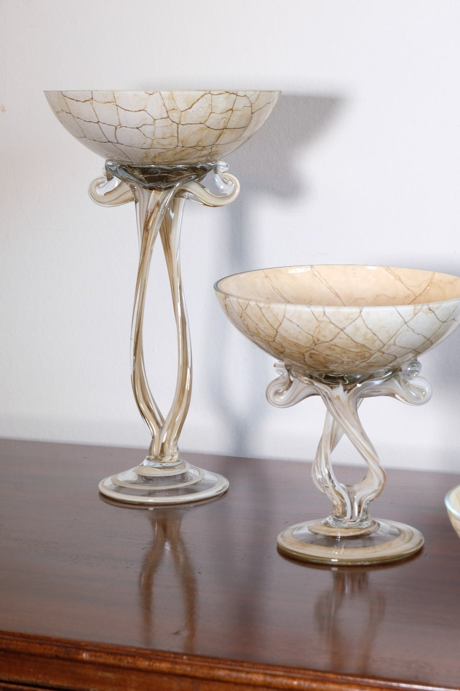 Set of Three Venetian‑Style Tazza Stemmed Glasses