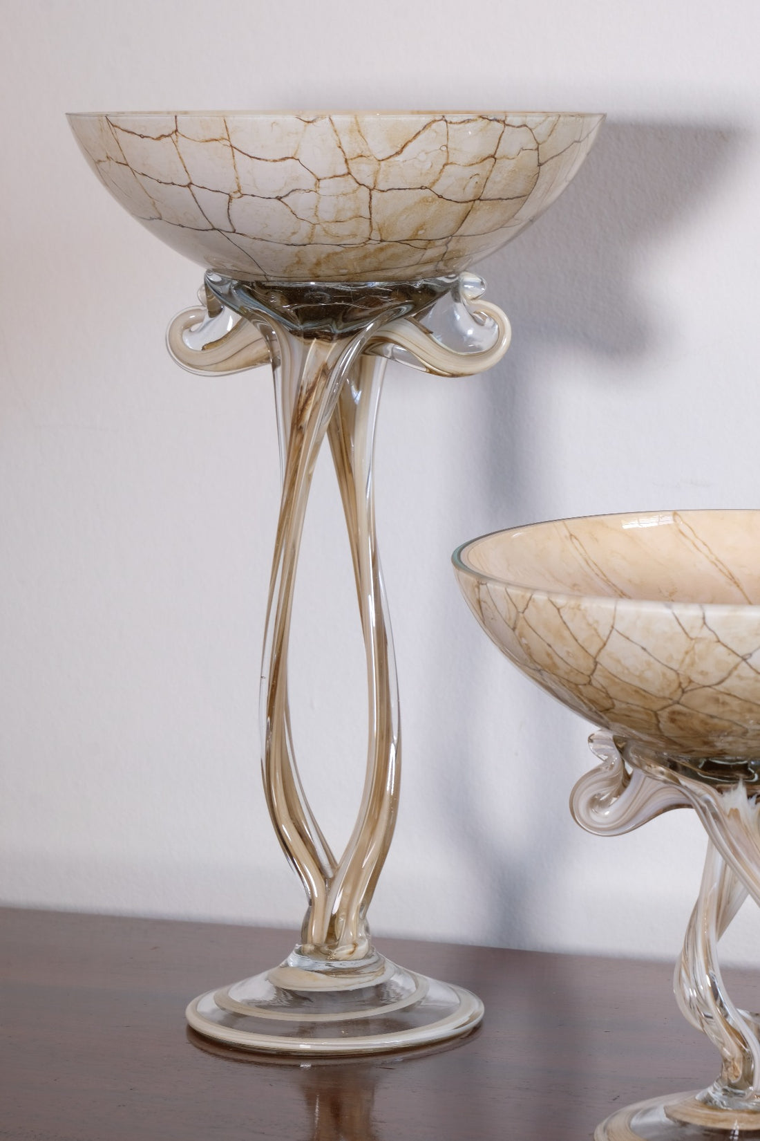Set of Three Venetian‑Style Tazza Stemmed Glasses