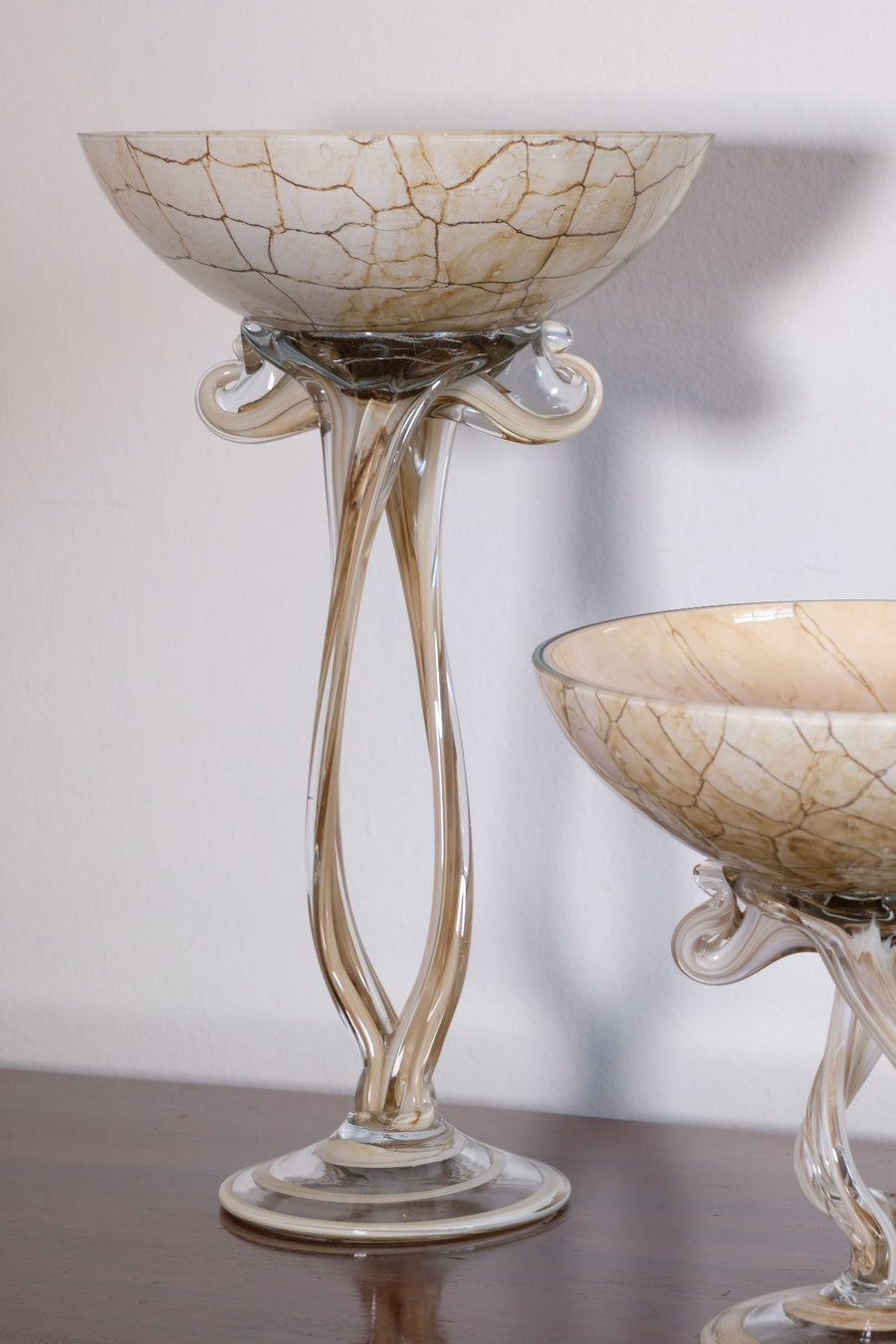 Set of Three Venetian‑Style Tazza Stemmed Glasses