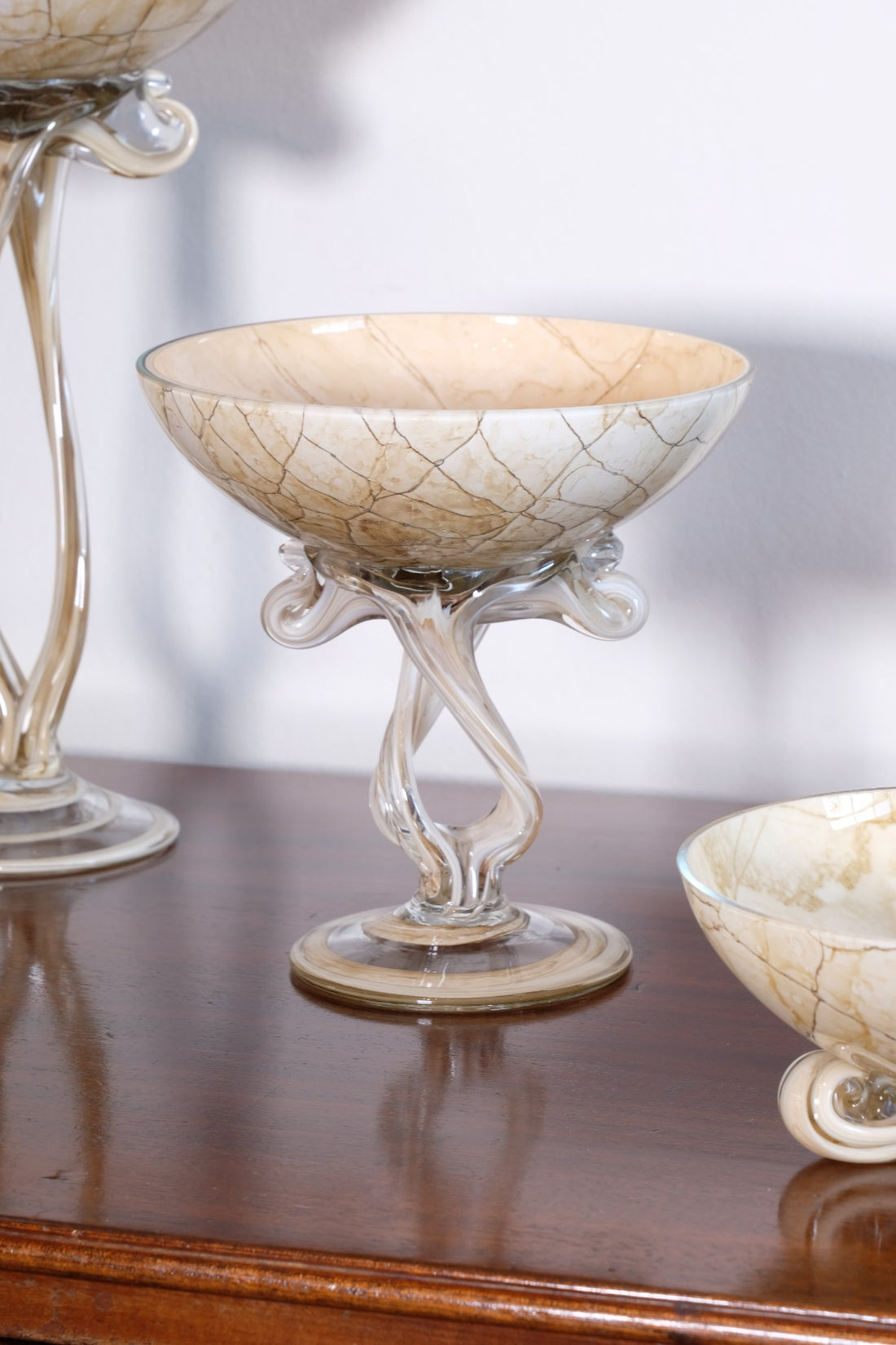 Set of Three Venetian‑Style Tazza Stemmed Glasses