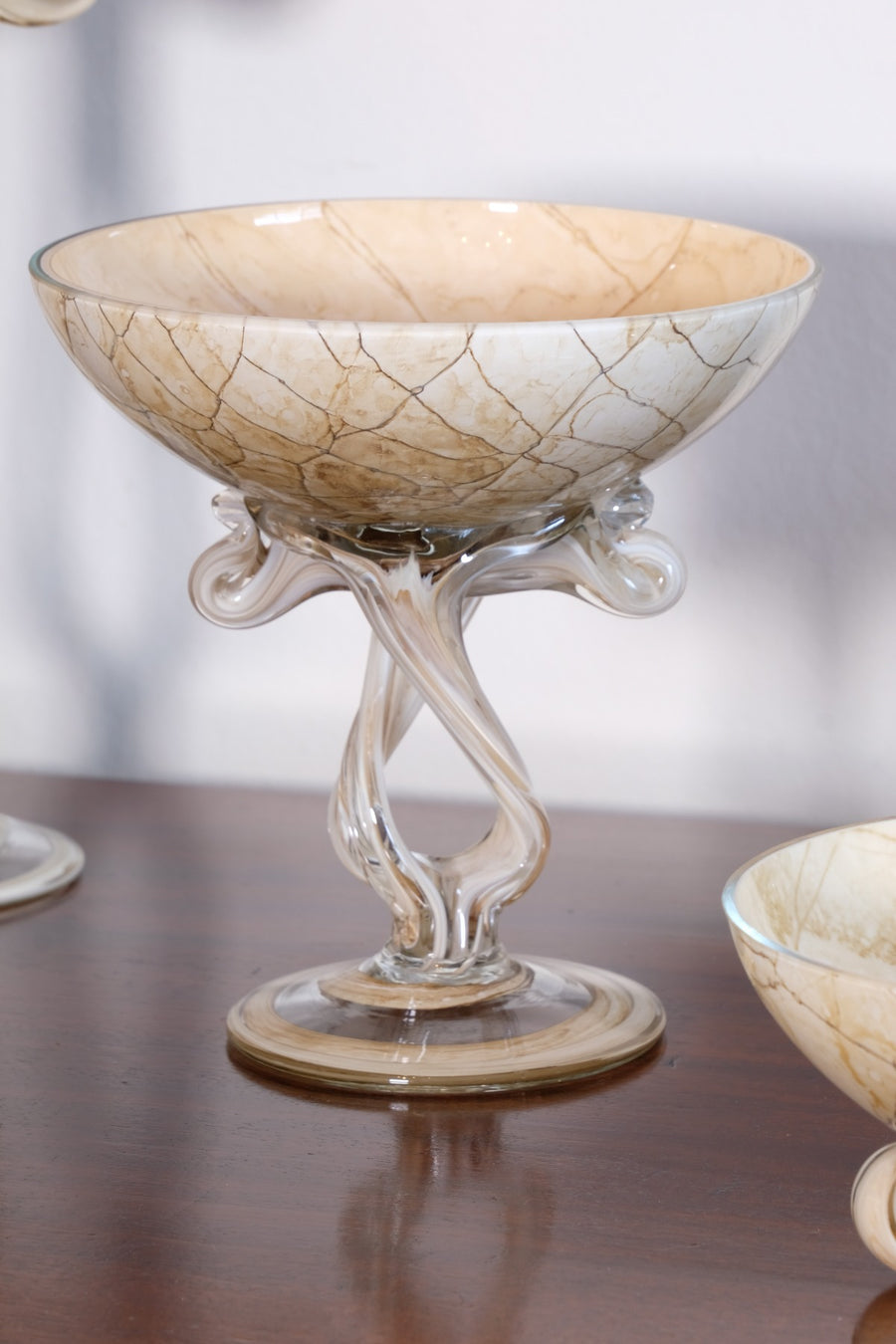 Set of Three Venetian‑Style Tazza Stemmed Glasses