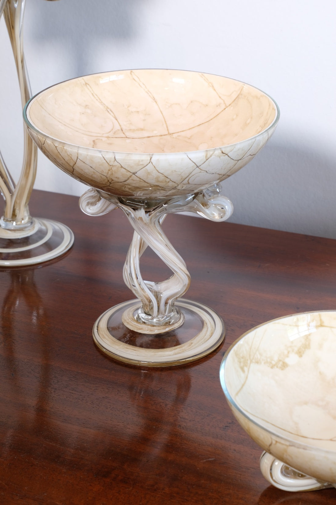 Set of Three Venetian‑Style Tazza Stemmed Glasses