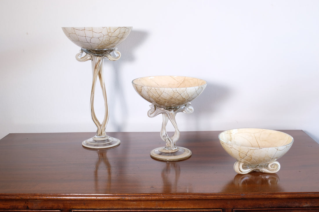Set of Three Venetian‑Style Tazza Stemmed Glasses