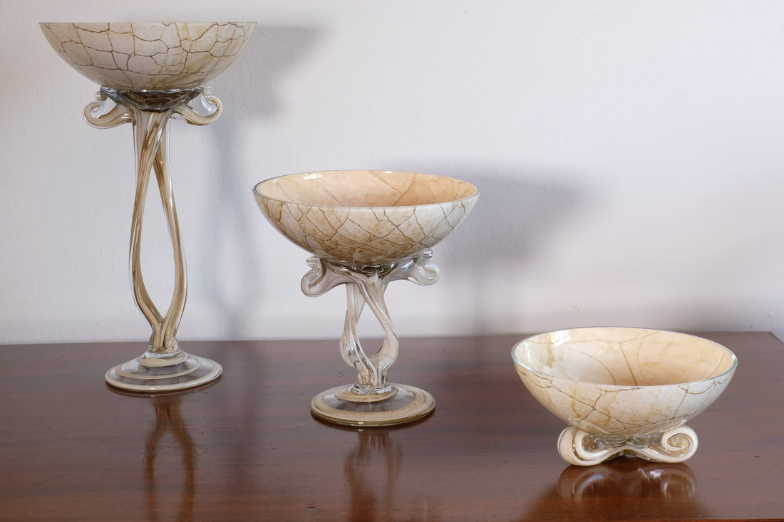 Set of Three Venetian‑Style Tazza Stemmed Glasses