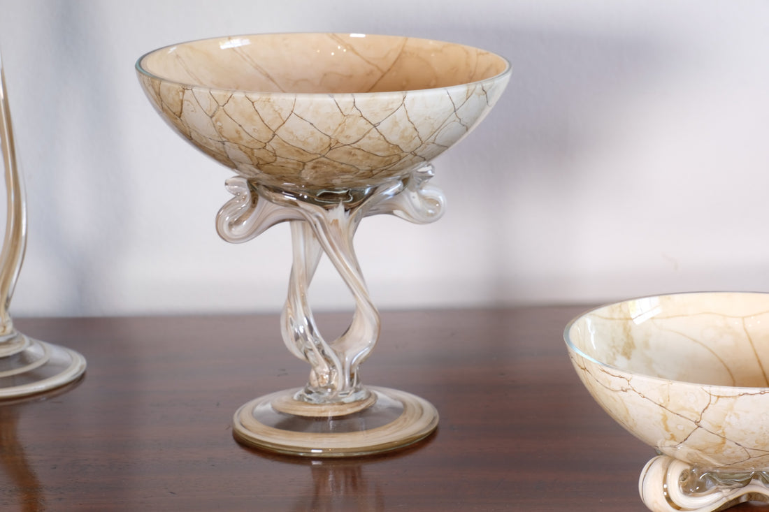 Set of Three Venetian‑Style Tazza Stemmed Glasses