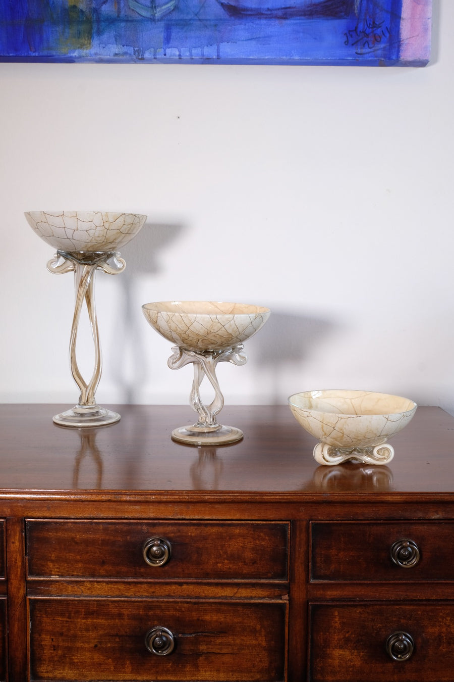 Set of Three Venetian‑Style Tazza Stemmed Glasses