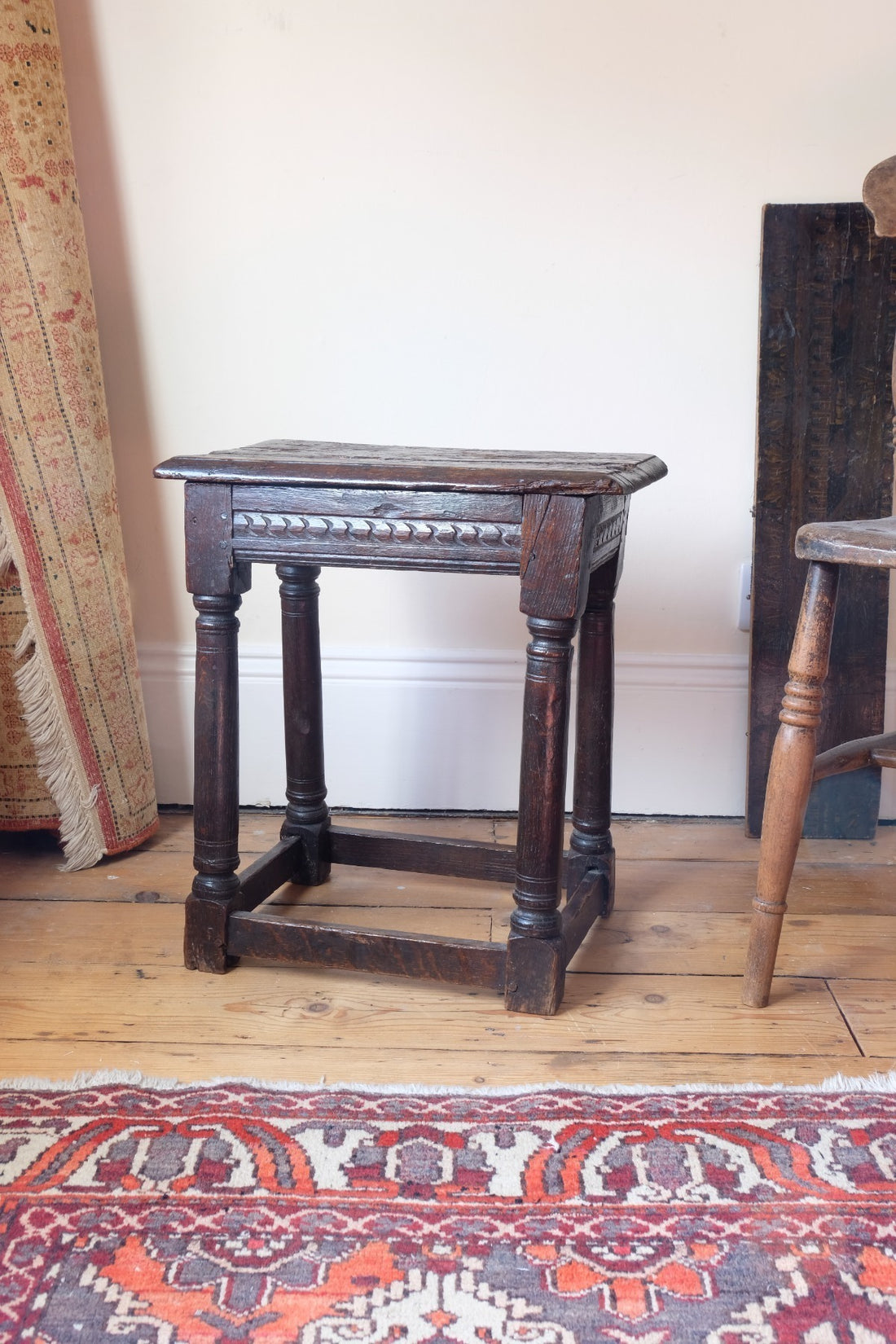 17th century oak jointed stool carved frieze