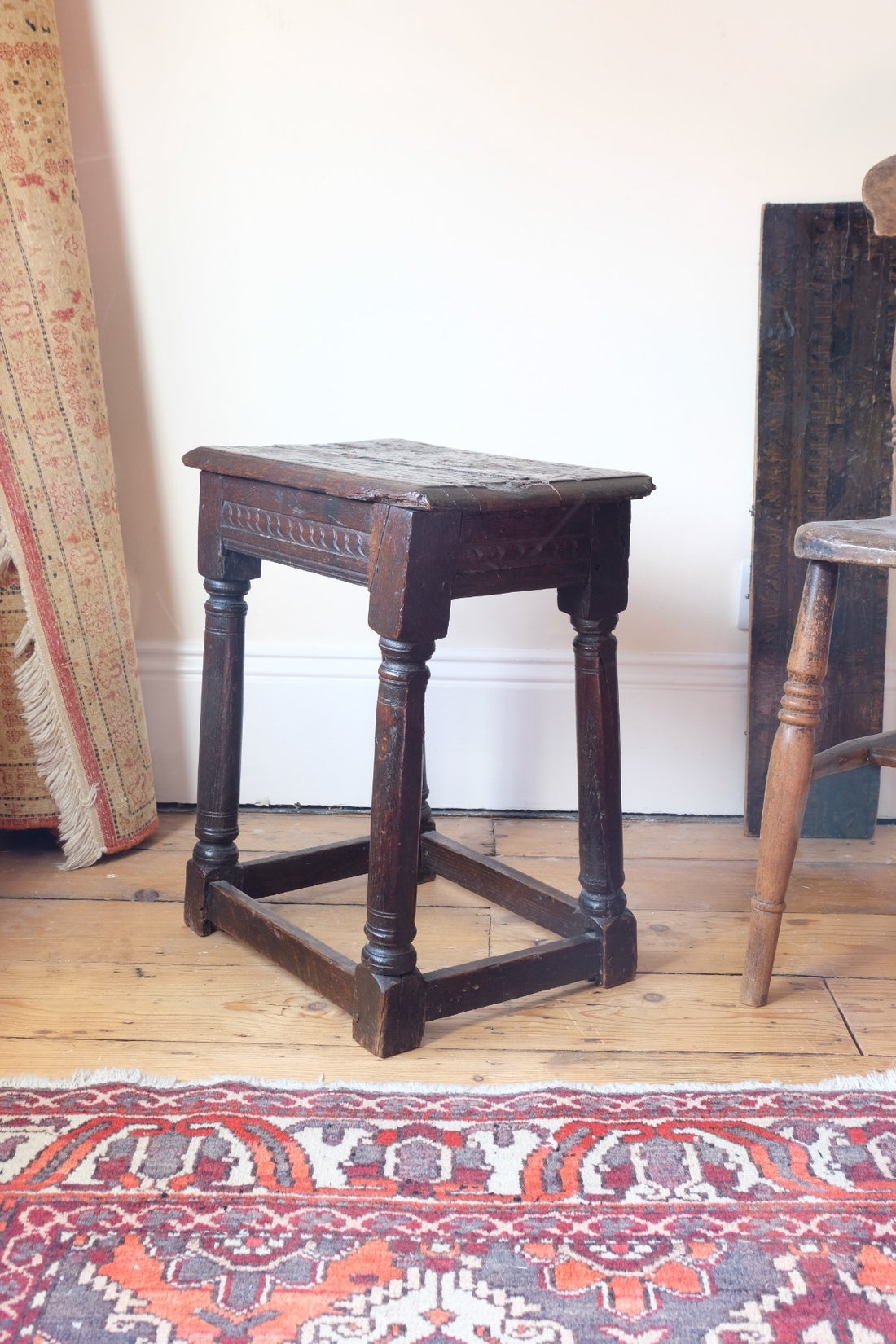 17th century oak jointed stool carved frieze
