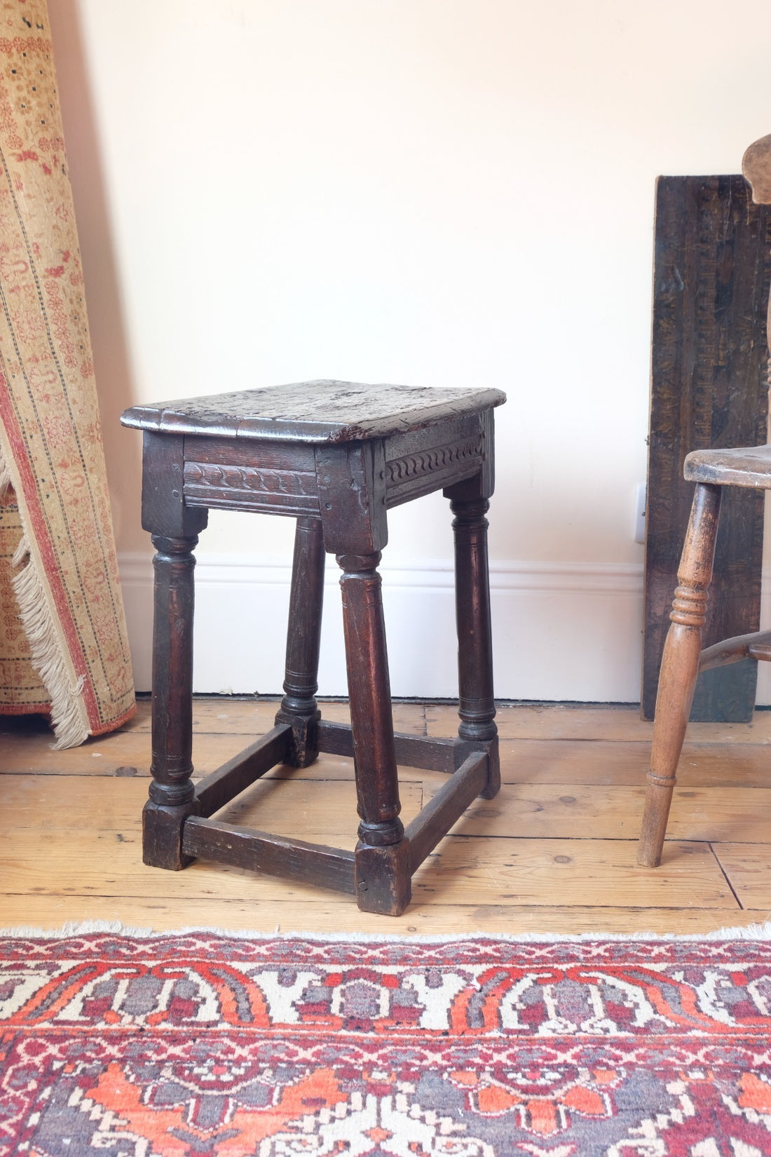17th century oak jointed stool carved frieze