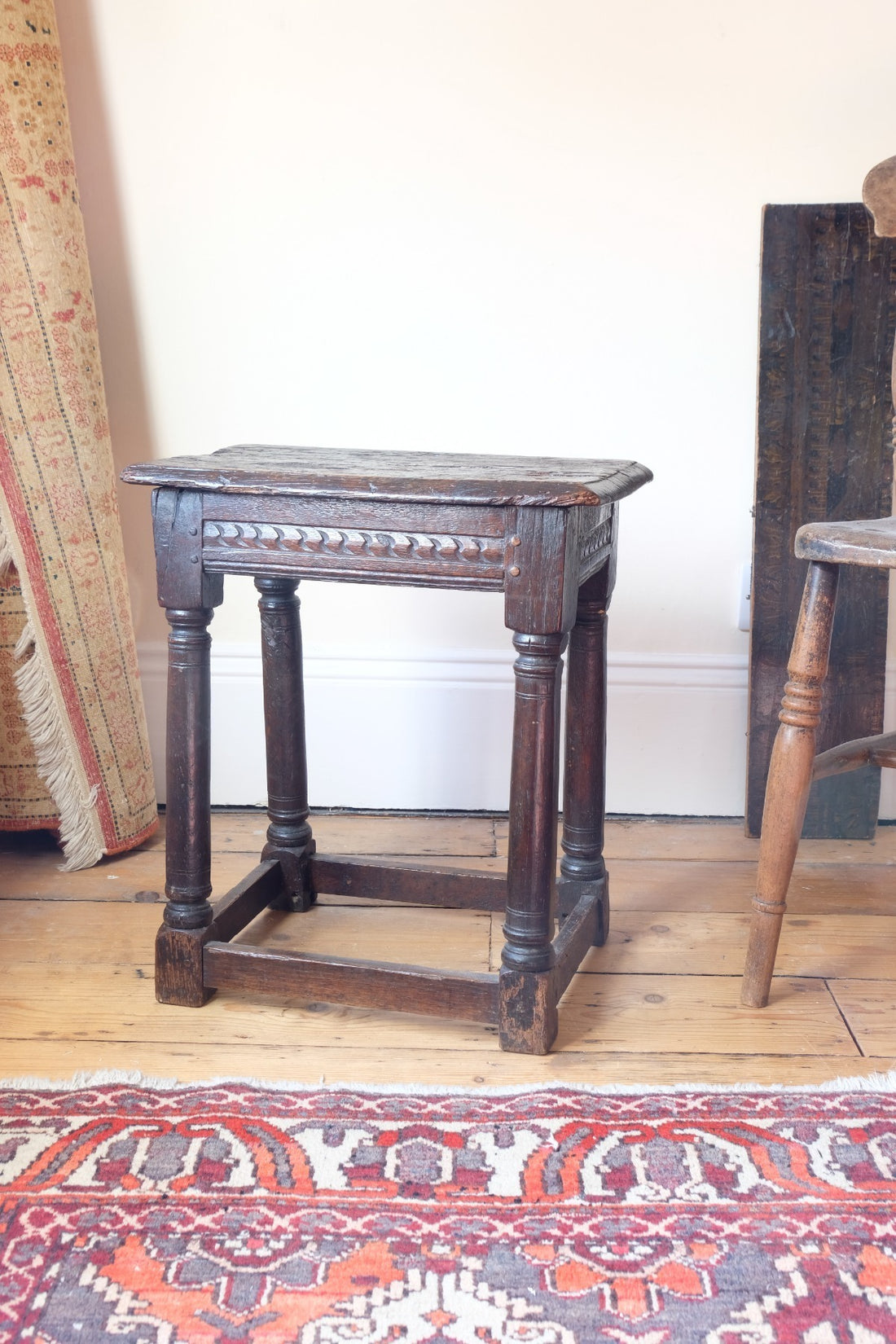 17th century oak jointed stool carved frieze