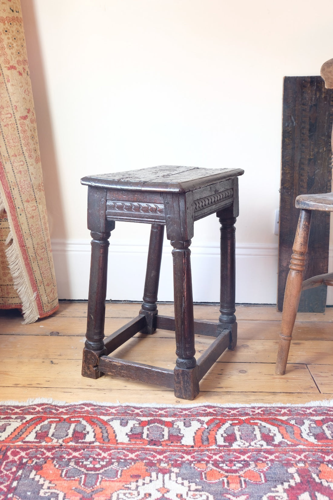 17th century oak jointed stool carved frieze