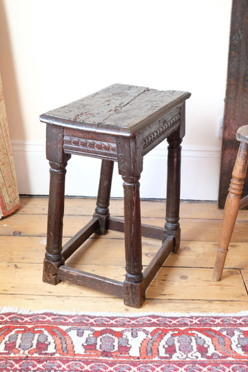 17th century oak jointed stool carved frieze