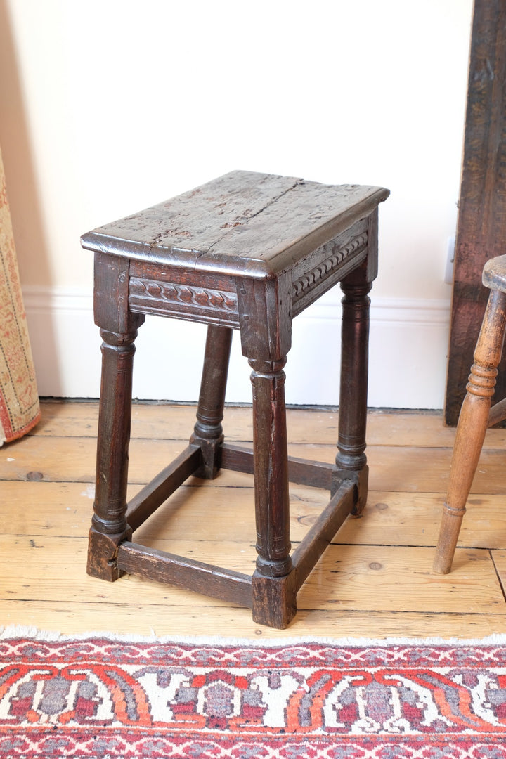 17th century oak jointed stool carved frieze