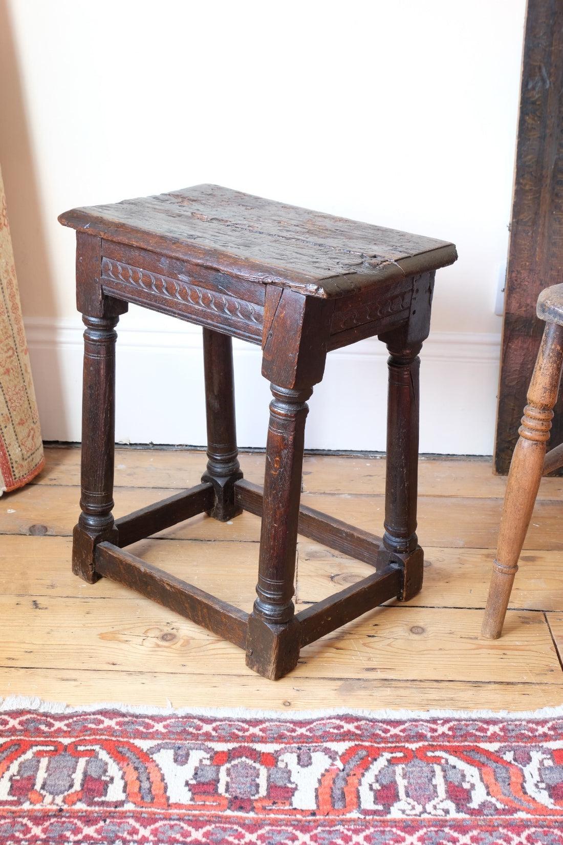 17th century oak jointed stool carved frieze
