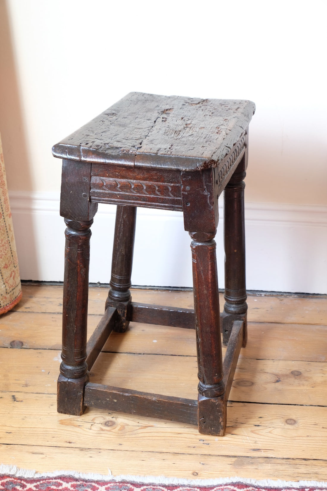 17th century oak jointed stool carved frieze