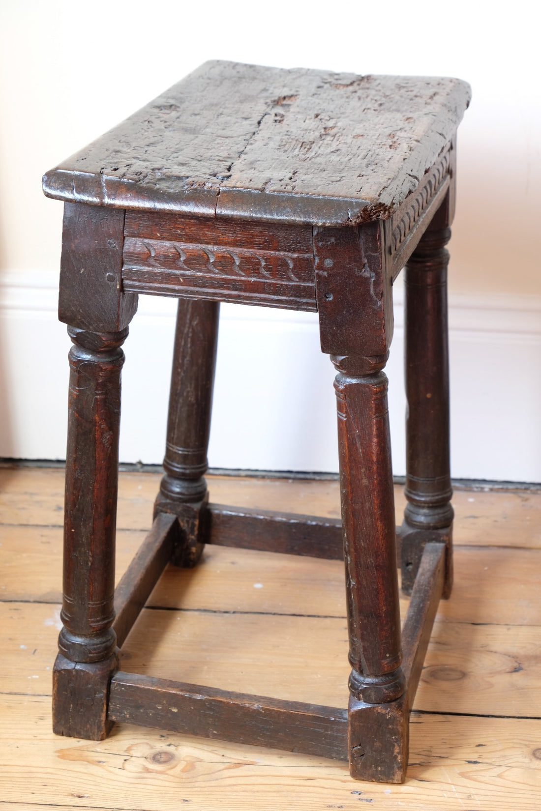 17th century oak jointed stool carved frieze