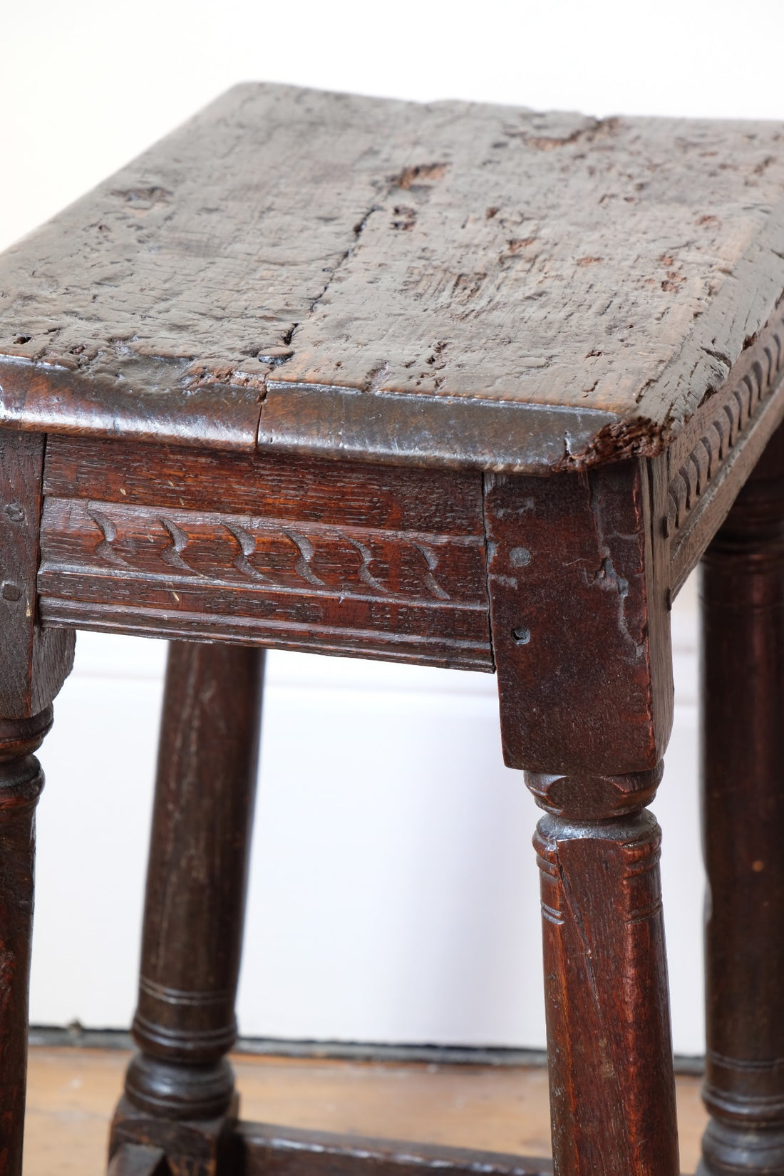 17th century oak jointed stool carved frieze