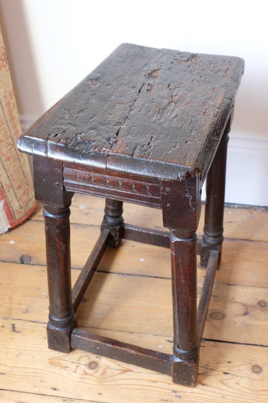 17th century oak jointed stool carved frieze