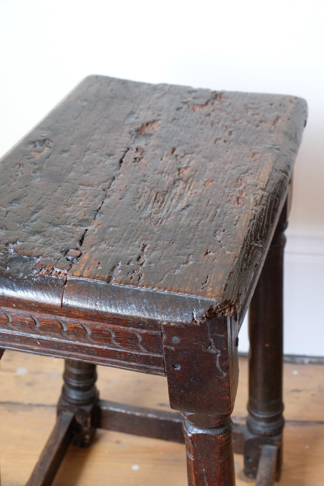 17th century oak jointed stool carved frieze