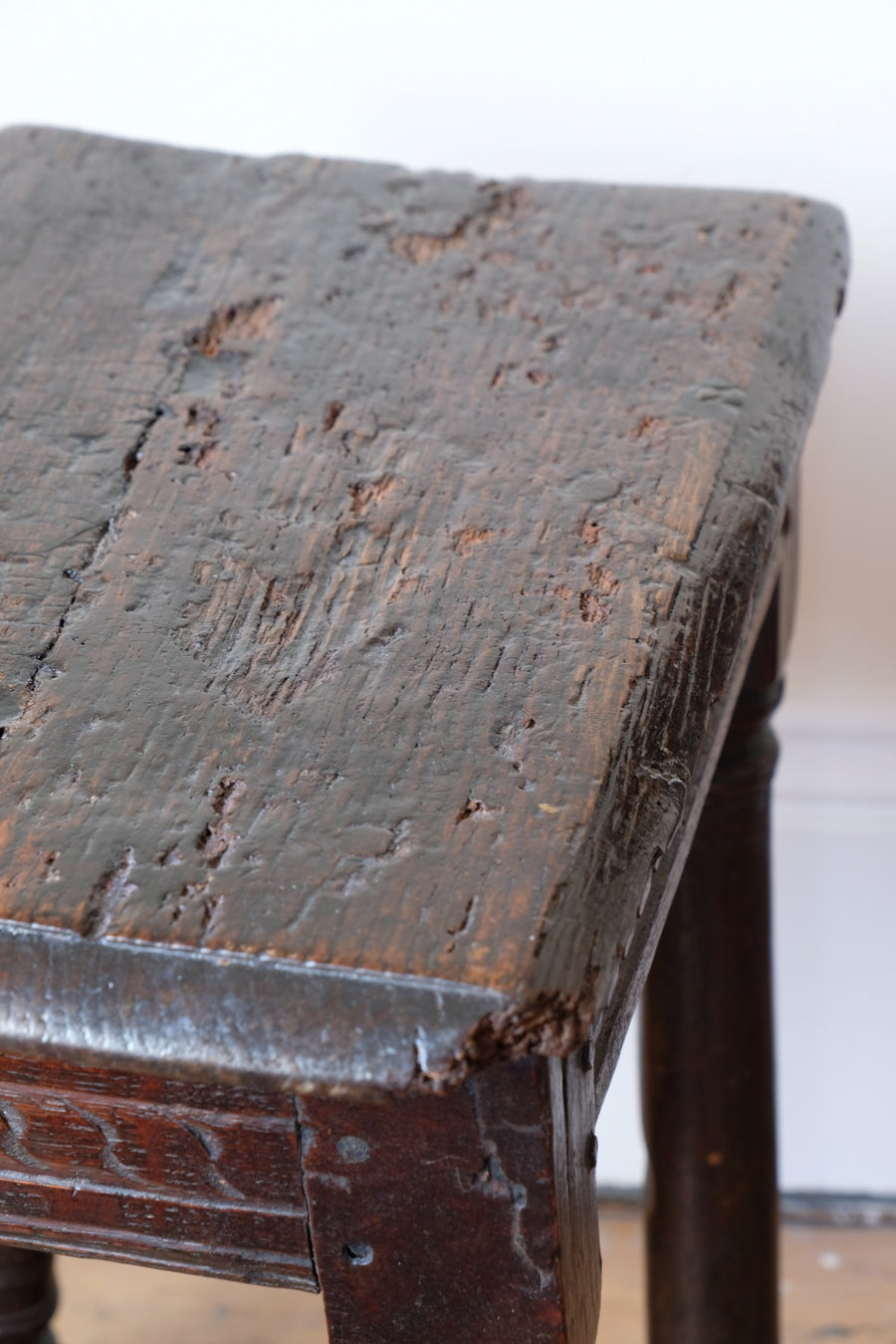 17th century oak jointed stool carved frieze