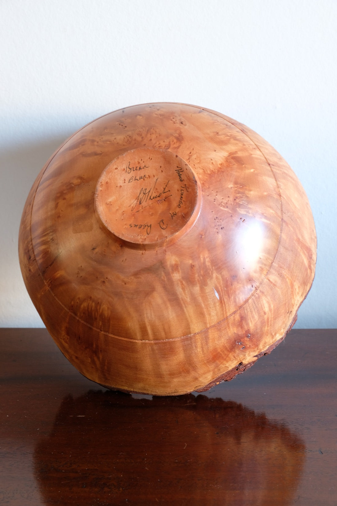 Hand Turned Burr Elm Bowl with Live Bark Edge Signed D Reeks