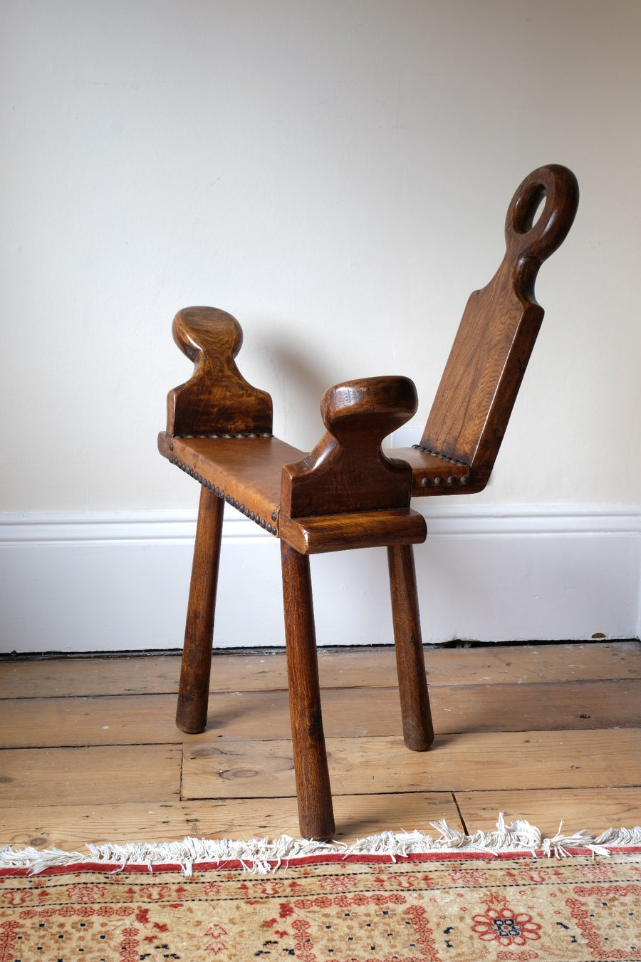 1950s Spanish Brutalist primitive elm leather chair front view
