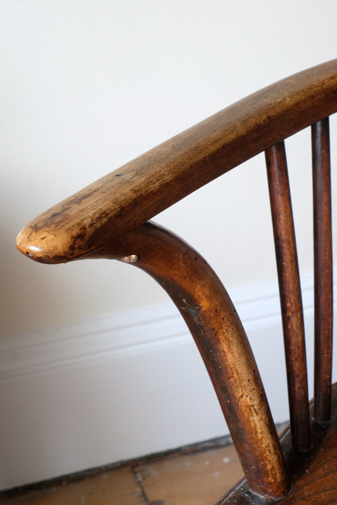 close up of a 19th Century Windsor Wheelback Armchair in Ash & Elm