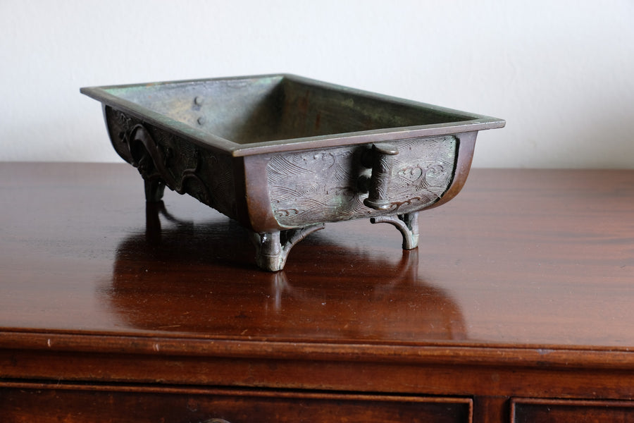 Bamboo-form leg detail of antique Japanese bronze suiban bonsai display pot