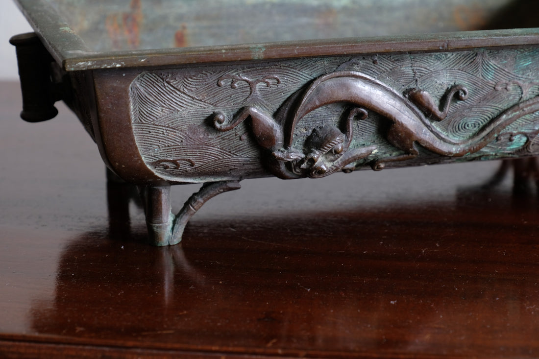 Bamboo-form leg detail of antique Japanese bronze suiban bonsai display pot