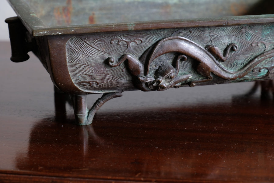 Bamboo-form leg detail of antique Japanese bronze suiban bonsai display pot