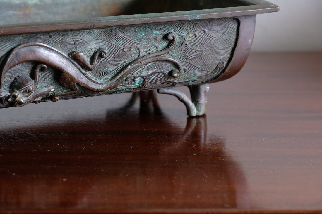 Bamboo-form leg detail of antique Japanese bronze suiban bonsai display pot