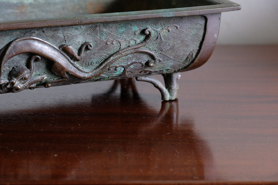 Bamboo-form leg detail of antique Japanese bronze suiban bonsai display pot