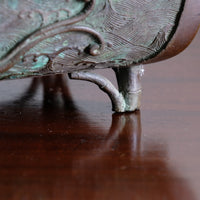 Bamboo-form leg detail of antique Japanese bronze suiban bonsai display pot