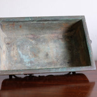 Top view of Meiji-period Japanese bronze suiban vessel showing patina and form