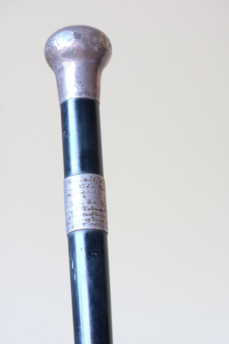 Ebonised & Hallmarked Silver Walking Stick With Engraving