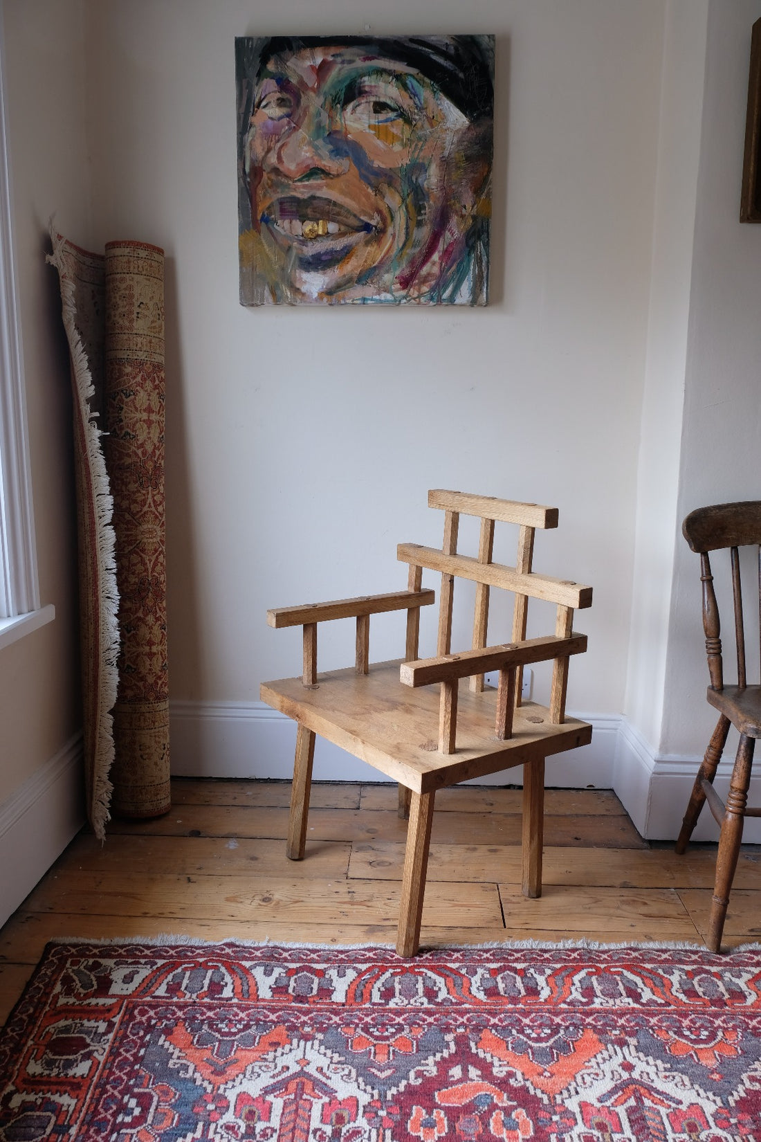 Primitive Handmade Wooden Armchair in Rustic Timber Finish