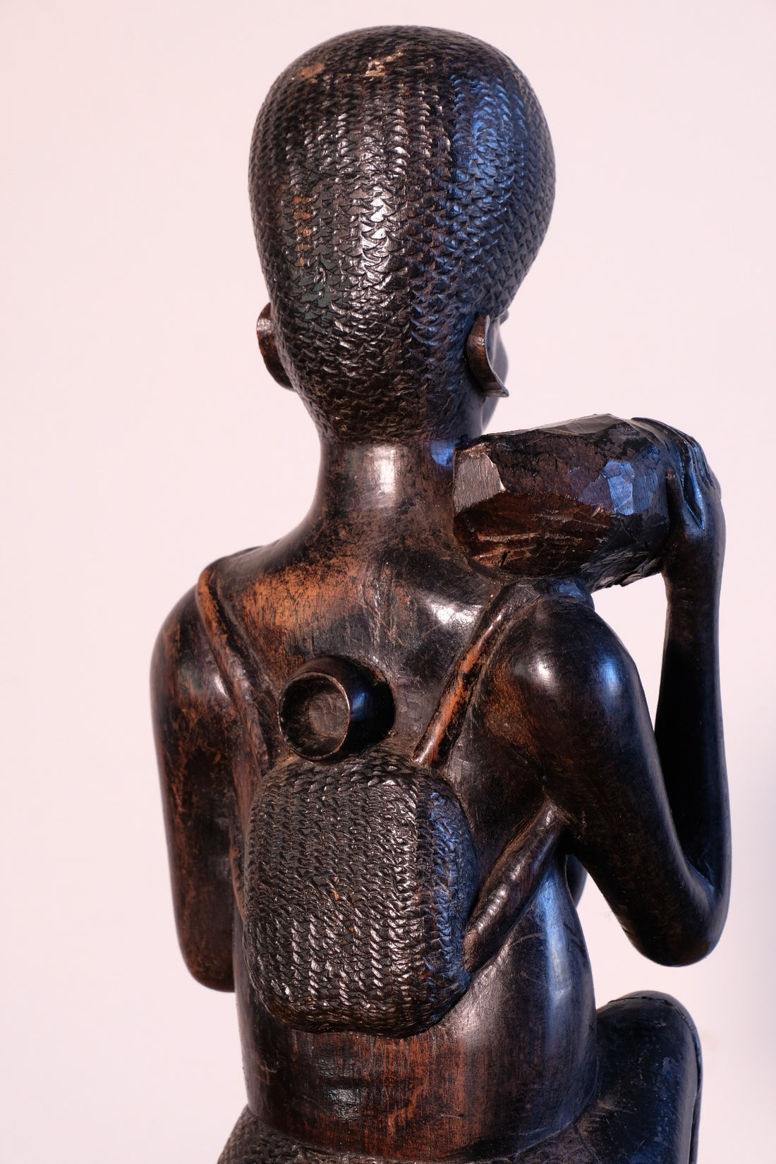 Back Pack Close up - Mid century Kenyan/Tanzanian ebony figure dense black wood
