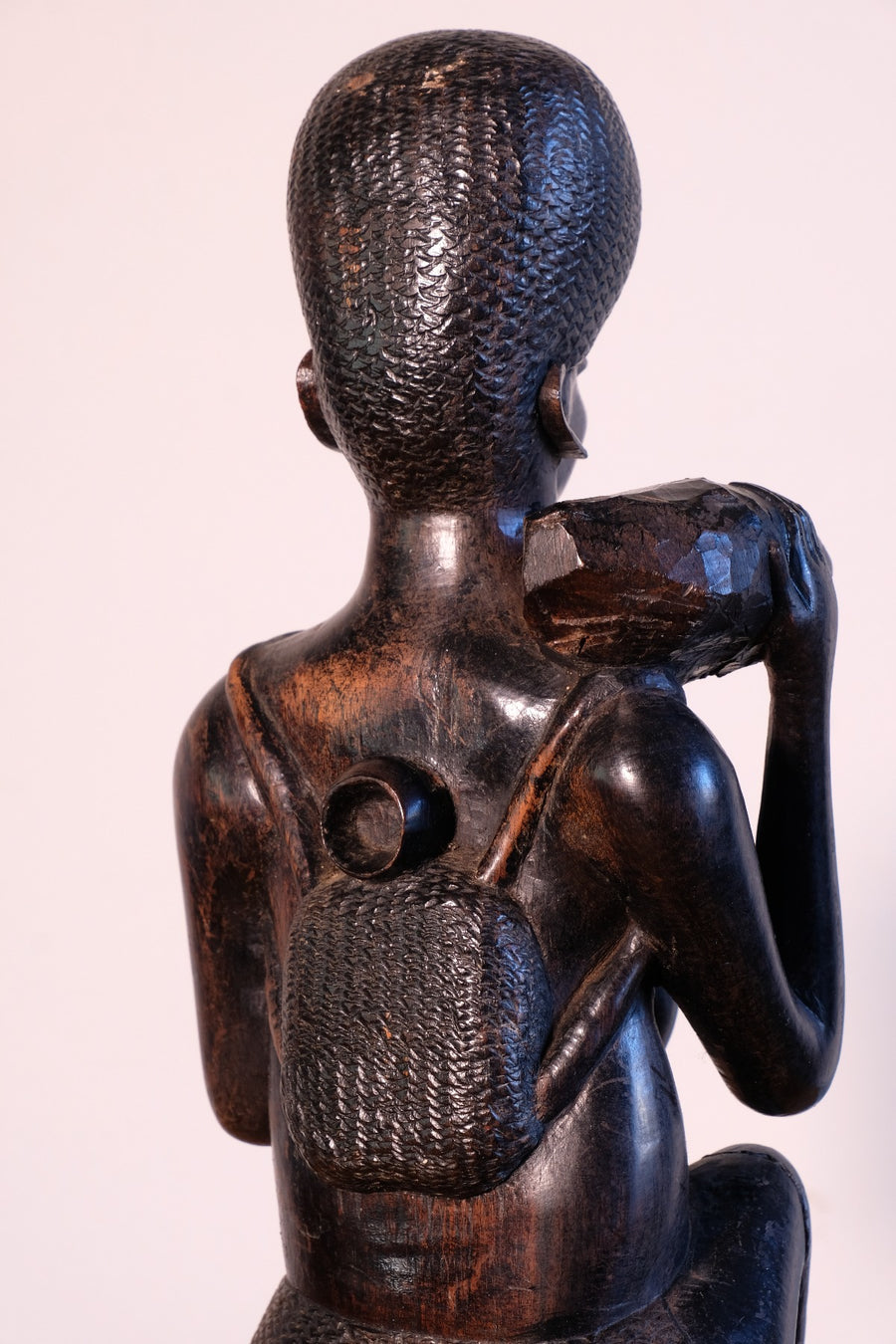 Back Pack Close up - Mid century Kenyan/Tanzanian ebony figure dense black wood