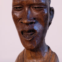 close up of a African Hand-Carved Wooden Bust Sculpture – Vintage Tribal Portrait Art (24.5cm)