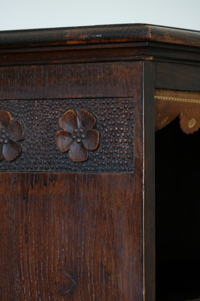 Edwardian Carved Bookcase With Leather Dust Cover Fringes