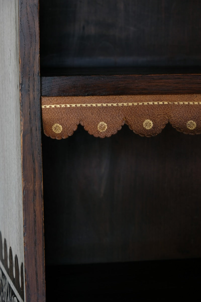 Edwardian Carved Bookcase With Leather Dust Cover Fringes